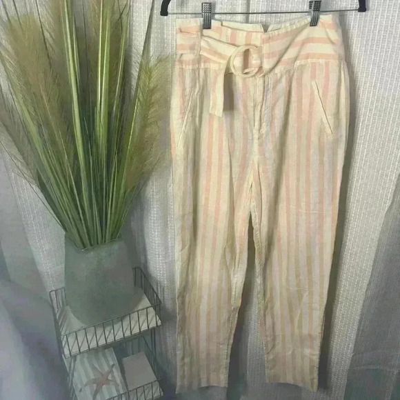 Anthropologie Women’s Size 2 Oasis Striped High-rise Linen Pants in Peach/Cream - Picture 2 of 15